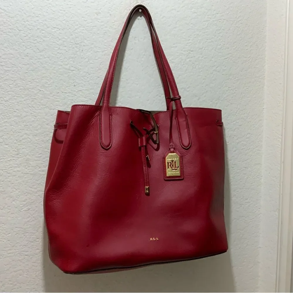 Ralph Lauren Red Leather Tote drawstring open top - Picture 3 of 11